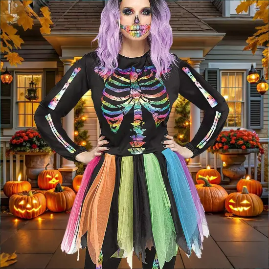 Skeleton Rainbow Foil Costume, Halloween Colorful Skeleton Jumpsuit Party Dress Up Outfit {5}
