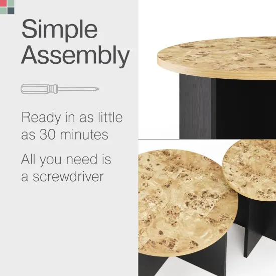 Stead Round Nesting Coffee Tables, 2 Piece Modern Home Decor, Solid Wood Base and Wood Burl Top (Blackened & Burl) {7}