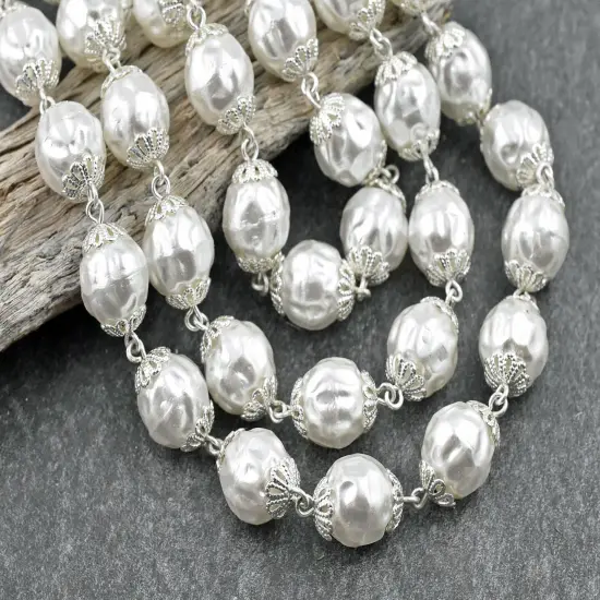 10mm Czech Glass White Baroque Pearl Chain w/ Bright Silver {3}