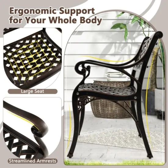 Cast Aluminum Patio Chairs Set Of 2 Dining Chairs With Armrests Diamond Pattern-Bronze {6}
