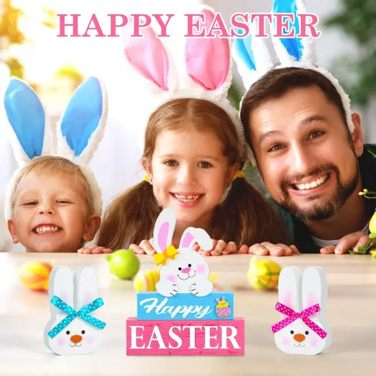5 Pcs Easter Decorations for the Home Happy Easter Bunny Wooden Block Table Sign with 2 Wooden Easter Bunny Table Decor Set Rustic Spring Table Easter Decorations for Easter Holiday Tabletop Party {2}