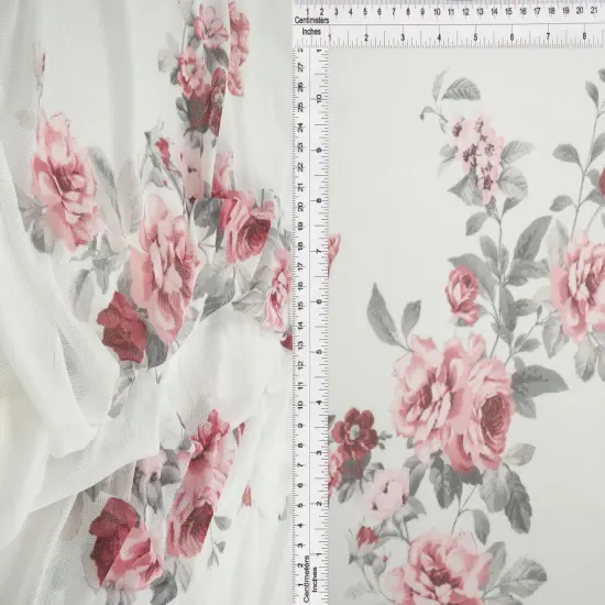 Digital Floral Mesh Fabric Lightweight Sheer Stretch, 56/58&rdquo; Wide Polyester Spandex IVORY {6}