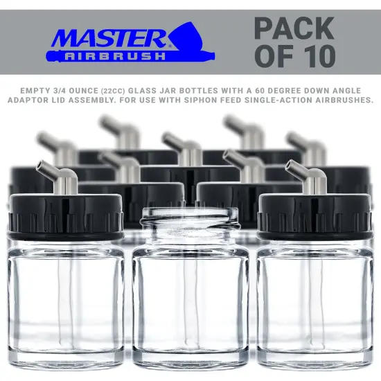 10 Pack Master Airbrush TB-003, 3/4 oz Glass Jar Bottles with 60 degree Down Angle Adaptor Lid Assembly, Single-Action Siphon {2}