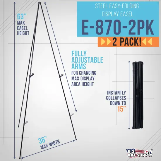 63" High Metal Folding Display Easel (2 Pack) - Adjustable Height, Instantly Collapses, Holds 5 lbs - Portable Art Easel Stand - For Sign, Poster, Canvas, Painting, Picture Display {2}
