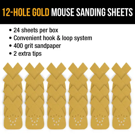 400 Grit - 12-Hole Pattern Hook & Loop Sanding Sheets for Mouse Sanders - Box of 24 {4}