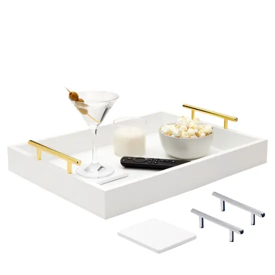White Serving Tray with Handles and Coasters - Decorative Coffee Table Tray with Interchangeable Gold and Silver Handles, 16.57 x 12.2 x 3.1 inches {1}
