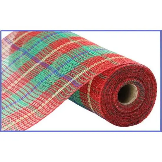 10.5" Faux Jute Plaid Mesh Ribbon: Red/Green/Blue (10 Yards) {1}