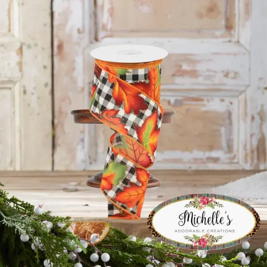2.5" Autumn Leaves Check Ribbon: White/Black (10 Yards) {2}