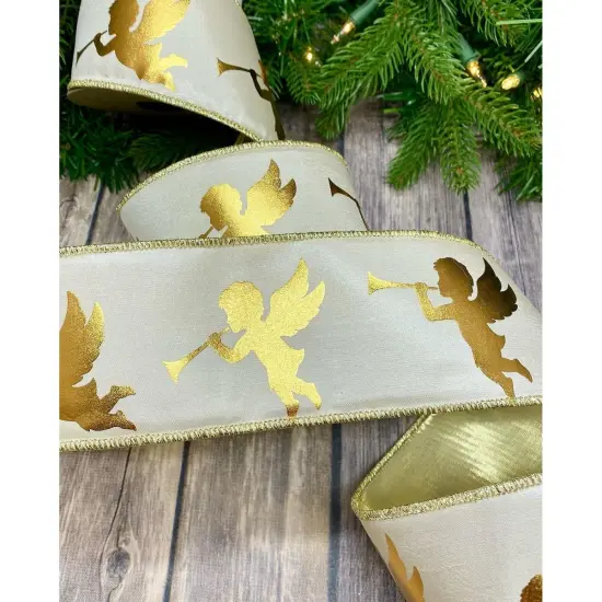3" Taffeta Gold Foil Trumpet Angels Ribbon: White (10 Yards) {3}