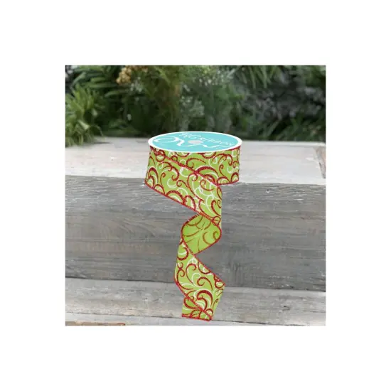 1.5" Multi Swirls Glitter Ribbon: Lime Green/Red (10 Yard) {3}