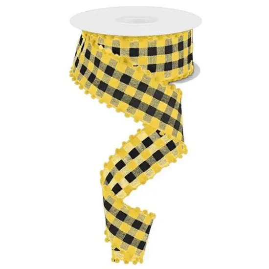 1.5" Check with Poms Ribbon: Yellow (10 Yards) {1}