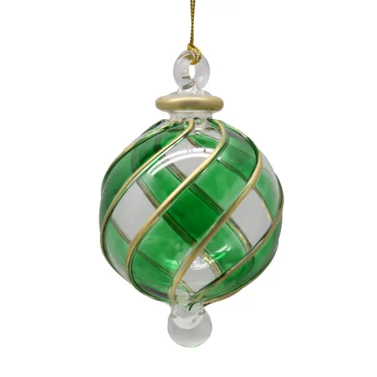 Blown Glass with Golden Swirl Rib Ornament - Green {1}