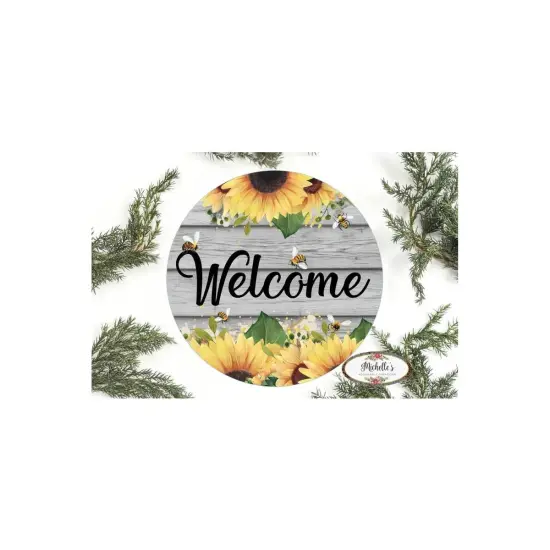 Welcome Sunflower Bumble Bee Round Sign {1}