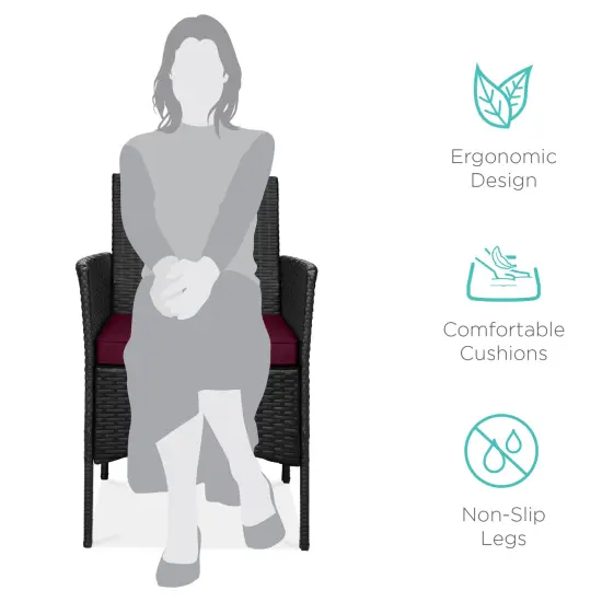 Best Choice Products 3-Piece Outdoor Wicker Conversation Patio Bistro Set, w/ 2 Chairs, Table Black/Deep Burgundy {2}