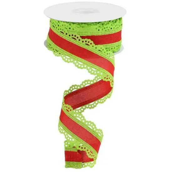 1.5" Scalloped Edge Ribbon: Red/Lime Green (10 Yards) {1}