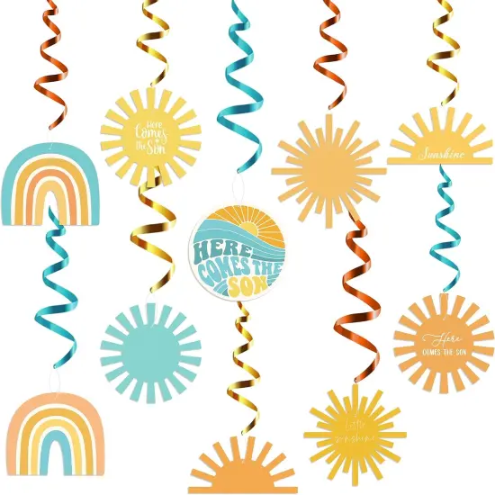 30Pcs Here Comes The Son Swirls Retro Hippie Rainbow Sun Glitter Foil Ceiling Hanging Swirls Whirls Bohemian Baby Shower Birthday Decoration First Trip Around The Sun Summer Party Decor {1}