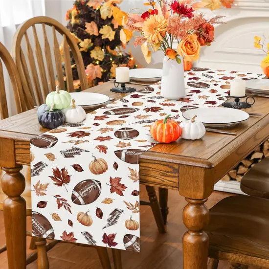 Fall Football Table Runner 13x72 Inch Rugby Pumpkin Maple Leaf {3}