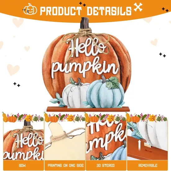 Thanksgiving Decoration Wooden Fall Hello Pumpkin Sign Autumn Pumpkin Table Decor 11 Inch {3}