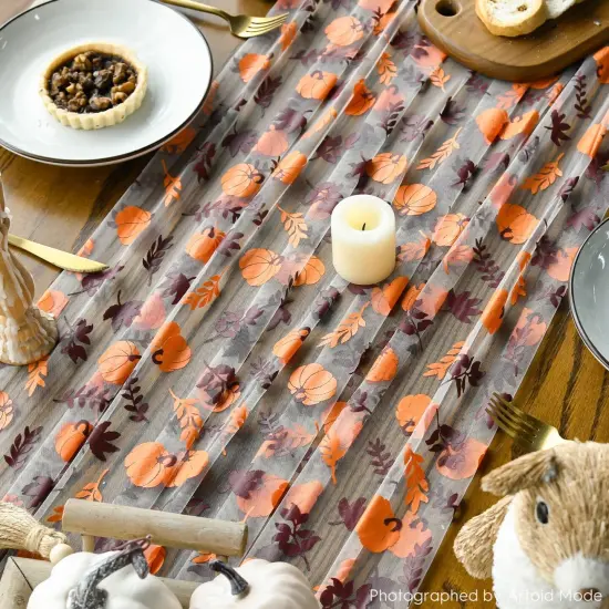Orange Brown Pumpkins Fall Leaves Gauze Table Runner 120 Inch 10FT {4}
