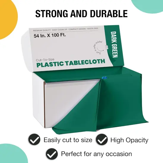 Exquisite Party Solids 54" x 100' Plastic Table Cover Roll with Slide Cutter &ndash; Cut-to-Size Dispenser Box &ndash; Makes Up to 36 Disposable 8' Rectangle Tablecloths Dark Green {4}