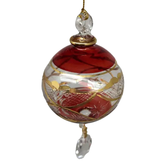 Etched Blown Glass Ball with Crystal Dangle - Red {2}