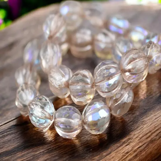 *12* 10mm Metallic Beige Washed Crystal AB Faceted Round Melon Beads {1}