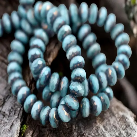 *25* 6x8mm Bronze Washed Blended Larimer Blue Opaline Fire Polished Rondelle Beads {1}