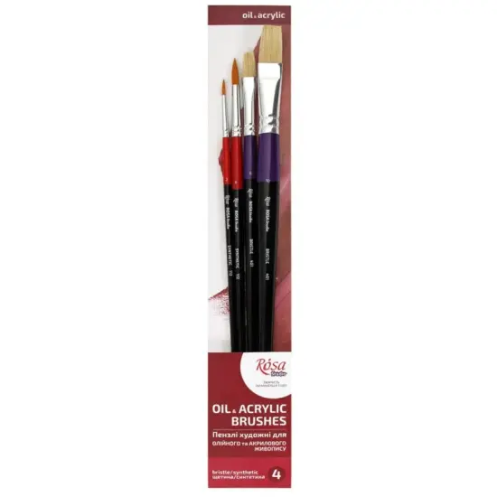 Rosa Studio Set of paint brushes 24. Mix. 4pc. Synthetic (N2,6). Bristle. (N6,10). Long Handle. {1}