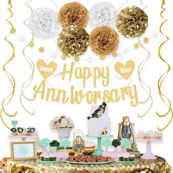 Happy Anniversary Decorations &ndash; Gold Banner, Pom Poms, Swirls & Garland {4}