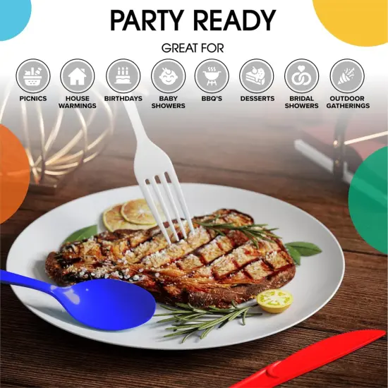 Exquisite Polished Plastic Silverware &ndash; 150 Pcs Heavy Duty Cutlery Set &ndash; 50 Each of Forks, Knives & Spoons &ndash; Disposable Utensil Set for Parties, Events & Catering &ndash; Flatware Set by Party Solids Patriotic {6}