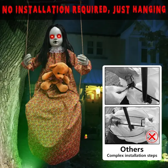 Halloween Hanging Girl with Bear Doll - Light Up Eyes and Sound & Slap Activated {3}