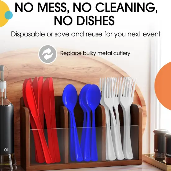 Exquisite Polished Plastic Silverware &ndash; 150 Pcs Heavy Duty Cutlery Set &ndash; 50 Each of Forks, Knives & Spoons &ndash; Disposable Utensil Set for Parties, Events & Catering &ndash; Flatware Set by Party Solids Patriotic {5}