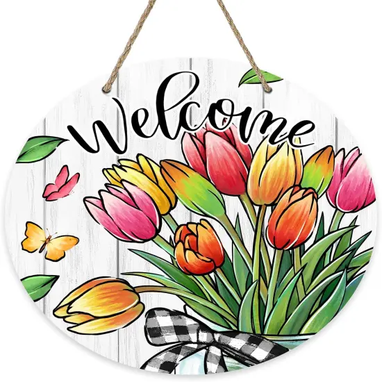 Summer Tulip Flowers Front Door Sign, Floral Butterfly Mason Jar Wood Door Hanger Outdoor Outside Porch Decor, Seasonal Farmhouse Wooden Wreath Indoor Wall Hanging Decoration {1}