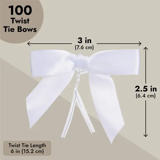 100-Pack Twist Tie Bows - White 3" Satin Ribbon Small Bows For Gift Wrapping Treats Party Favors Craft Decoration {4}