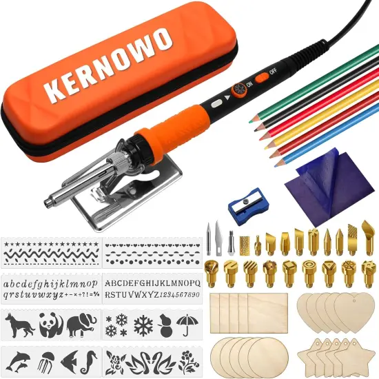Wood Burning Kit, K KERNOWO 76Pcs Pyrography Wood Burning Tool Kit 60W Adjustable Temperature Wood Burner Pen, DIY Creative Tools Stippling Kit for Embossing, Carving, Pyrography for Beginners {1}