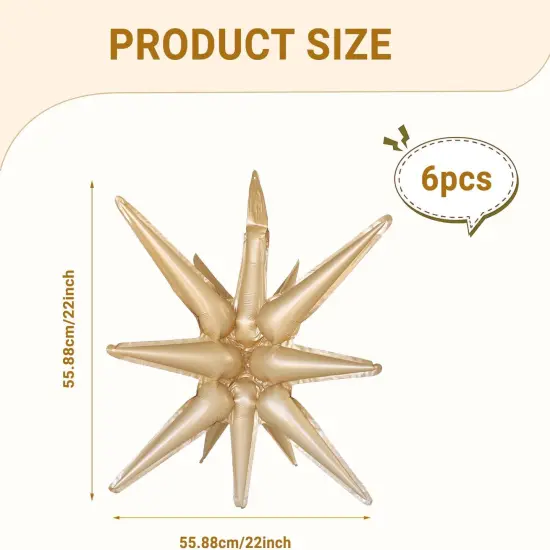 6 Pcs Caramel Colour Star Foil Balloons One-Piece 14-Pointed Star Balloons 4D Starburst Cone Mylar Balloons 22inch Christmas Birthday Wedding Wedding Anniversary Party Supplies(Caramel Colour) {2}