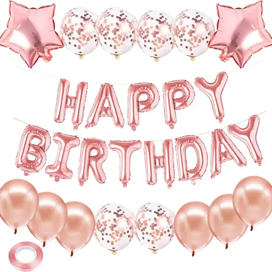 Birthday Party Decorations, Pink Set 15pcs - Happy Birthday Banner, Heart Star Balloons, Foil Confetti Balloons {1}