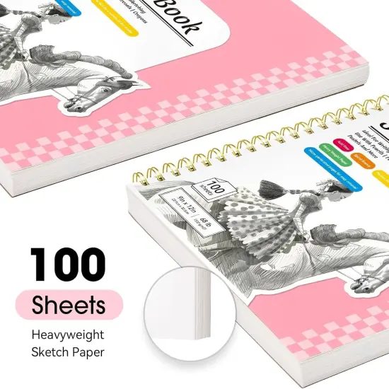 9" x 12" Sketch Book with Bookmark Ruler, 2 Pack 100 Sheets Spiral Sketchbook for Drawing (68lb/100gsm), Acid Free Sketch Pad Artist Sketching Drawing Paper for Kids Teens Adults, Pink {4}