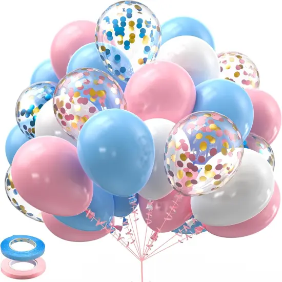 Pink Blue White Balloons,60 Pcs 12 inch Pink Blue and White Pastel Gold Blue Confetti Latex Balloons with 2rolls 33ft Ribbon For Birthday Baby Shower Gender Reveal Party Supplies and Decorations {1}
