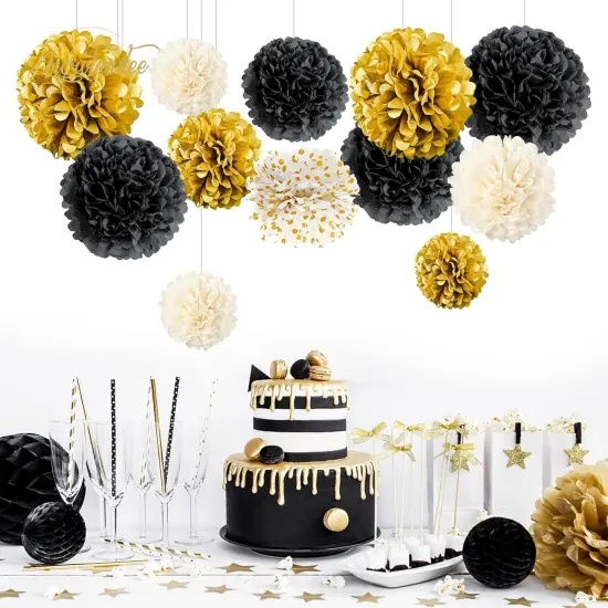 Black Gold Party Decorations - 12 PCS Black Gold White Tissue Paper Pom Poms for Wedding, Birthday, Bridal Shower, Prom, Graduation, Festival Decorations, 2025 New Years Decor {3}