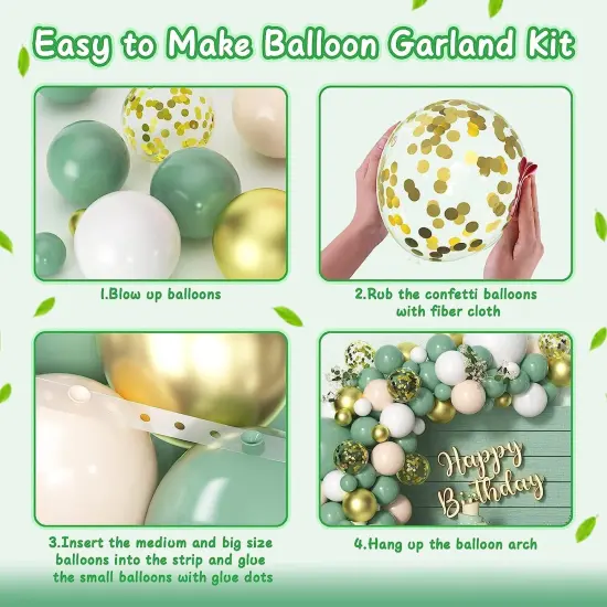 Sage Balloon Garland Arch Kit,134 pcs Sage Green Sand White Metallic Gold Matte White Confetti Latex Balloons {2}