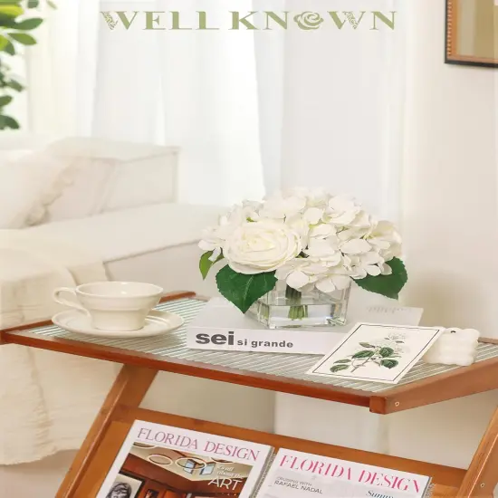 Artificial Flowers in Vase, Fake Flowers with Glass Vase, Silk White Hydrangea Rose Flower Faux Flowers in Vase, Centerpiece for Dining Table Wedding Party Home Hotel Office Decor (White) {2}