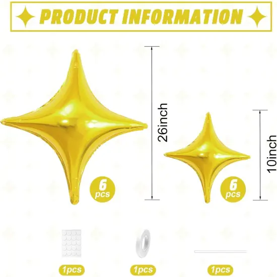 Gold Star Balloons,12Pcs Four Angle Star Foil Balloons,26Inch and 10Inch Gold Quadrangle Star Helium Mylar Balloons for Birthday Anniversary Baby Shower Wedding Party Decorations {2}