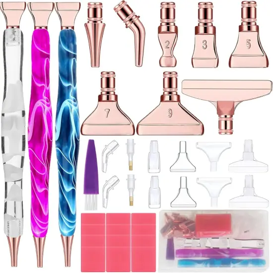Adult Unisex Diamond Painting Pen Kits, 38PCS Rose Gold, 3 Pens, 8 Silver Metal Tips, 12 Glue Clay {1}