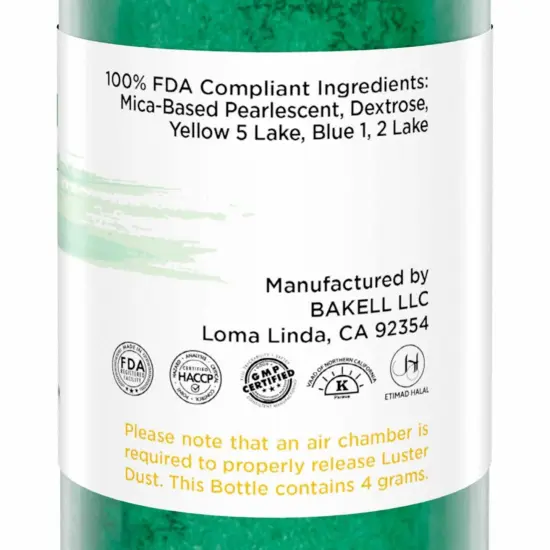 Bakell - Christmas Green Luster Dust (4g, 1x Pump) Edible Vegan Dust & Paint for Baking, Desserts and Beverages {6}