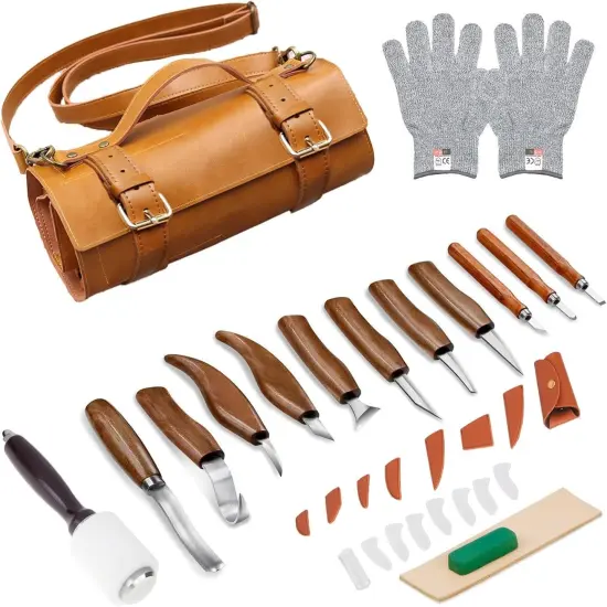 Wood Carving Tool Kit for Adult Beginners Woodworking, Whittling Knife Set with Large Leather Case and Gouge, Wooden Spoon Carving Kits, Gifts for Men Women Carving Enthusiasts Friends {1}