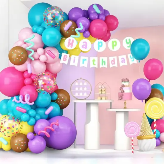 Rainbow Colorful Balloons Arch for Candy Sweet One Two Donut Grow Up Ice Cream Birthday Party Decorations Pastel Purple Pink Blue Yellow Brown Confetti Latex Balloons Garland with Long Balloons {3}