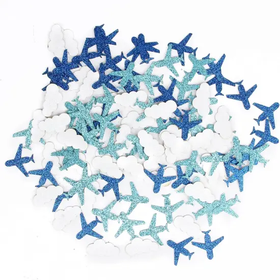 100pcs Glitter Cloud & Airplane Confetti, Plane Table Confetti, Baby Shower Party Decor, Boy Birthday Party Decorations, Clould Paper Scatter - Blue & White {1}
