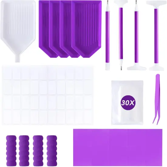 55PCS Diamond Art Accessories Tools Multiple Sizes Diamond Painting Kits with Diamond Art Pens Sleeves Tweezers Glue Label Ziplock Diamond Correction for Adults (Purple 55PCS) {1}