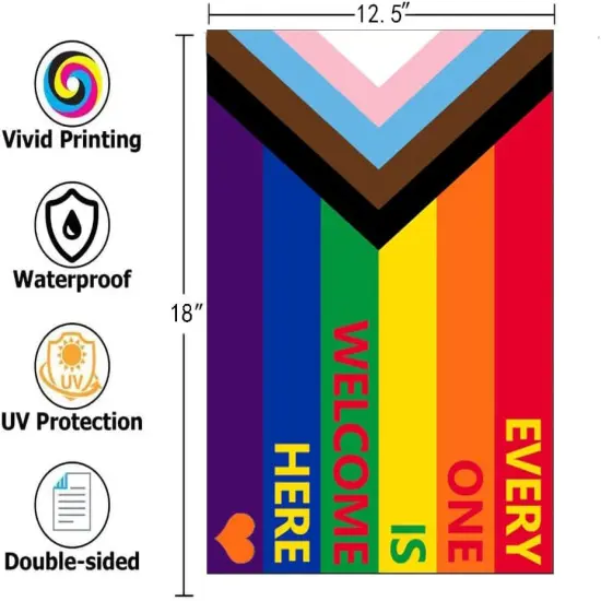 Progress Pride LGBTQ Garden Flag 12x18- Inclusive Progressive Pride Every One Is Welcome Here Small Rainbow Yard Flags for LGBT Lesbian Transgender Ally {3}